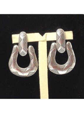 Sterling Silver Earrings Door Knocker Dangle Stamped Design 1.5”